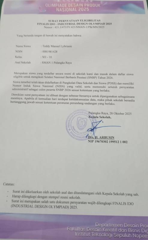 Teddy Manuel Lyberiasie, Siswa SMA Negeri 1 Palangkaraya Melaju ke Final Olimpiade Desain Produk Nasional FLS3N 2025